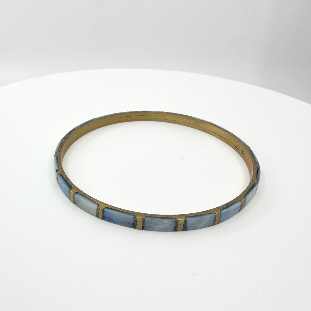 Vintage Brass Blue Mother of Pearl Mosaic Bangle Bracelet Stackable Boho